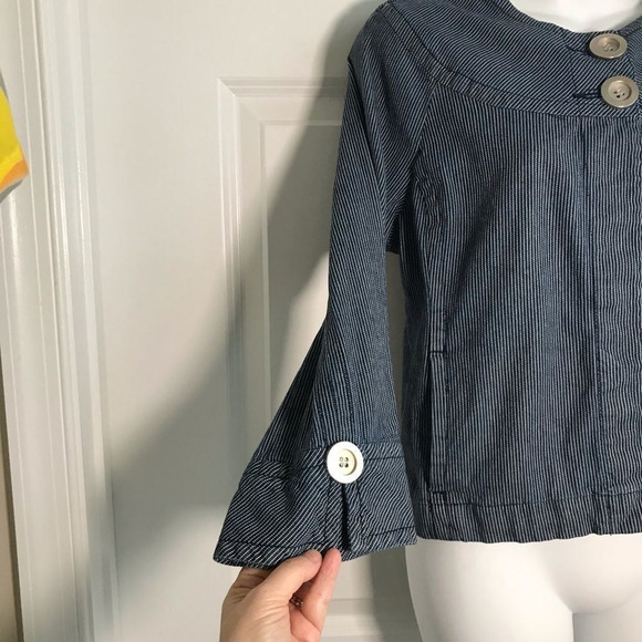 Anthropologie Tria Railroad Striped Big Button Crew Jean Crop Jacket Blu… - Picture 10 of 14